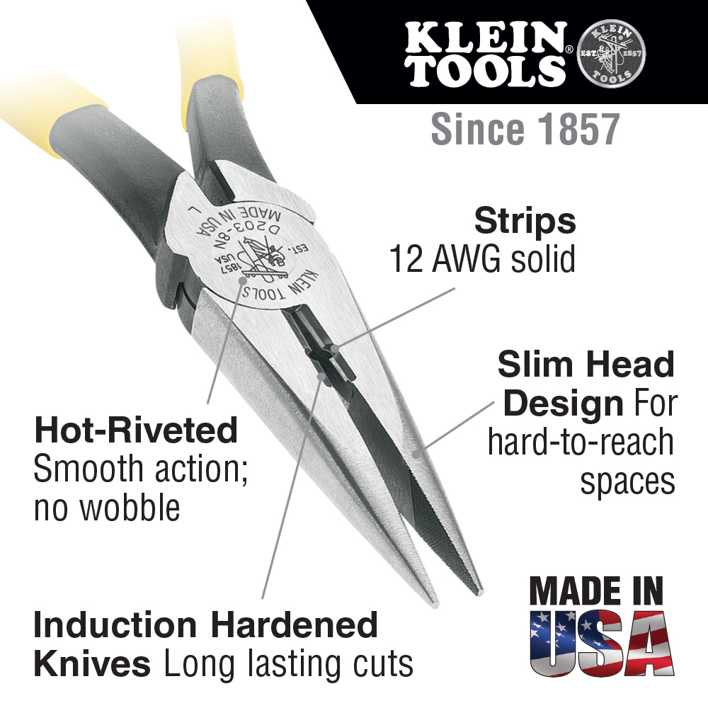 Klein D203-8N Pliers, Needle Nose Side Cutters with Stripping, 8-Inch