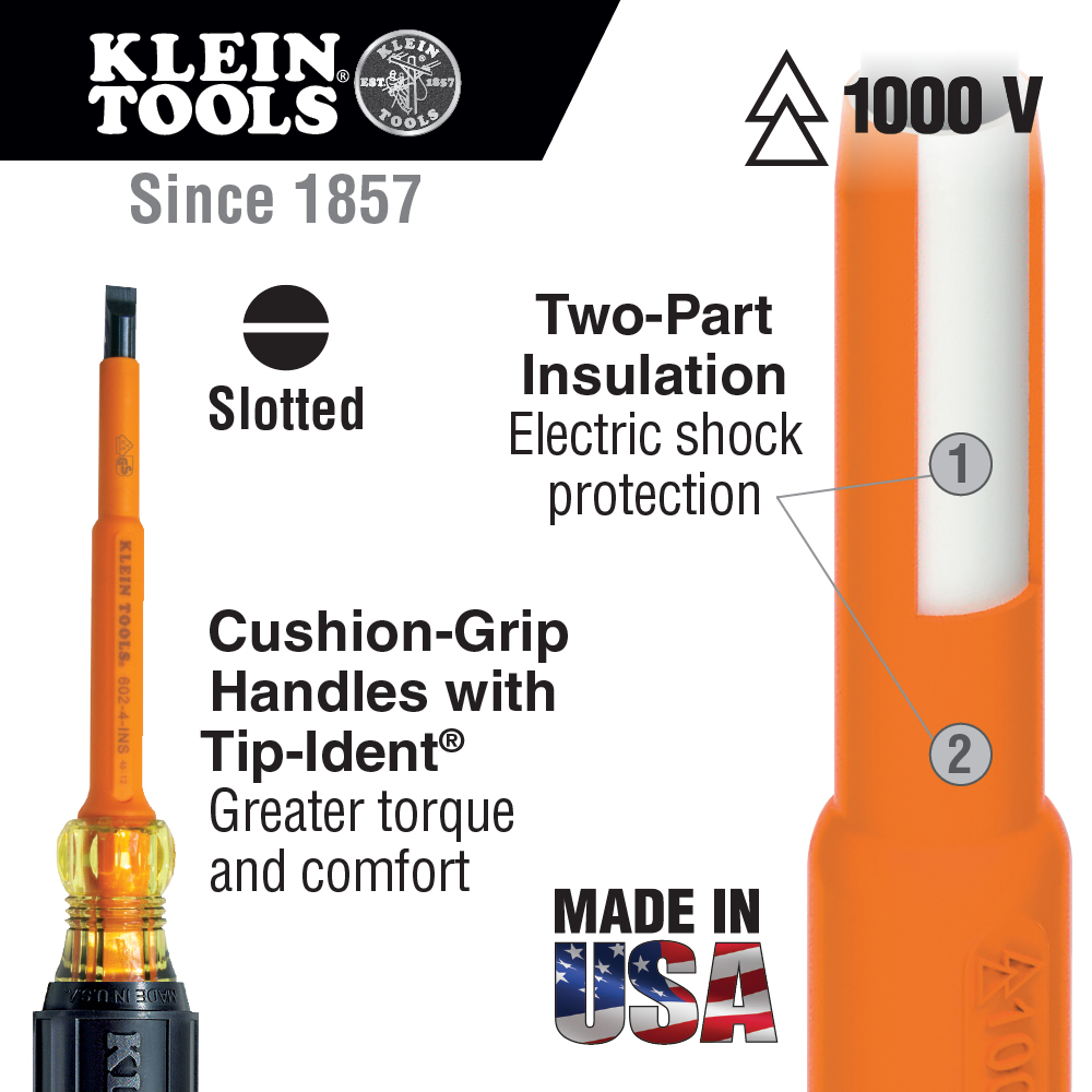Klein 603-4-INS Insulated Screwdriver, #2 Phillips Tip, 4-Inch