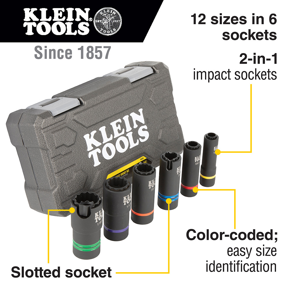 Klein 66090 2-In-1 Slotted Impact Socket Set, 12-Point, 6-Piece