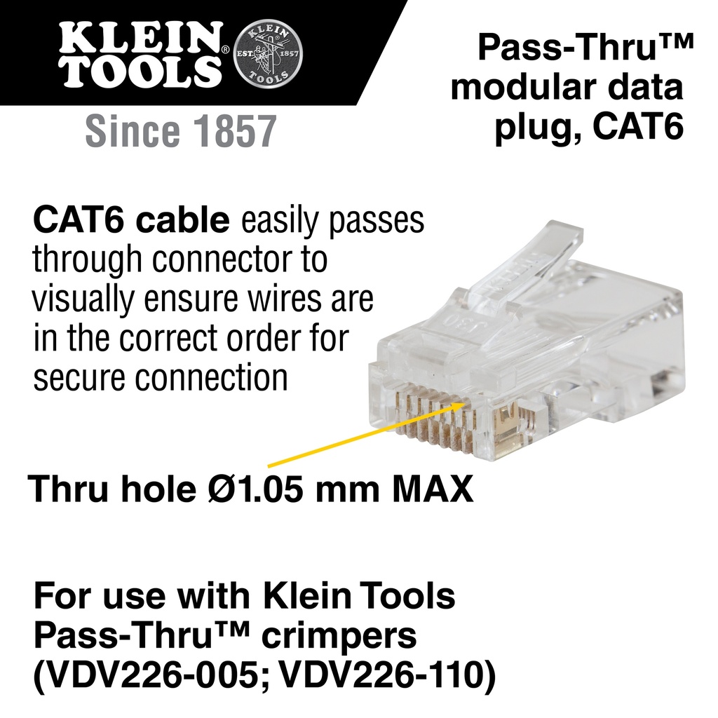 Klein VDV826-729 Pass-Thru™ Modular Data Plugs RJ45-CAT6, 10-Pack