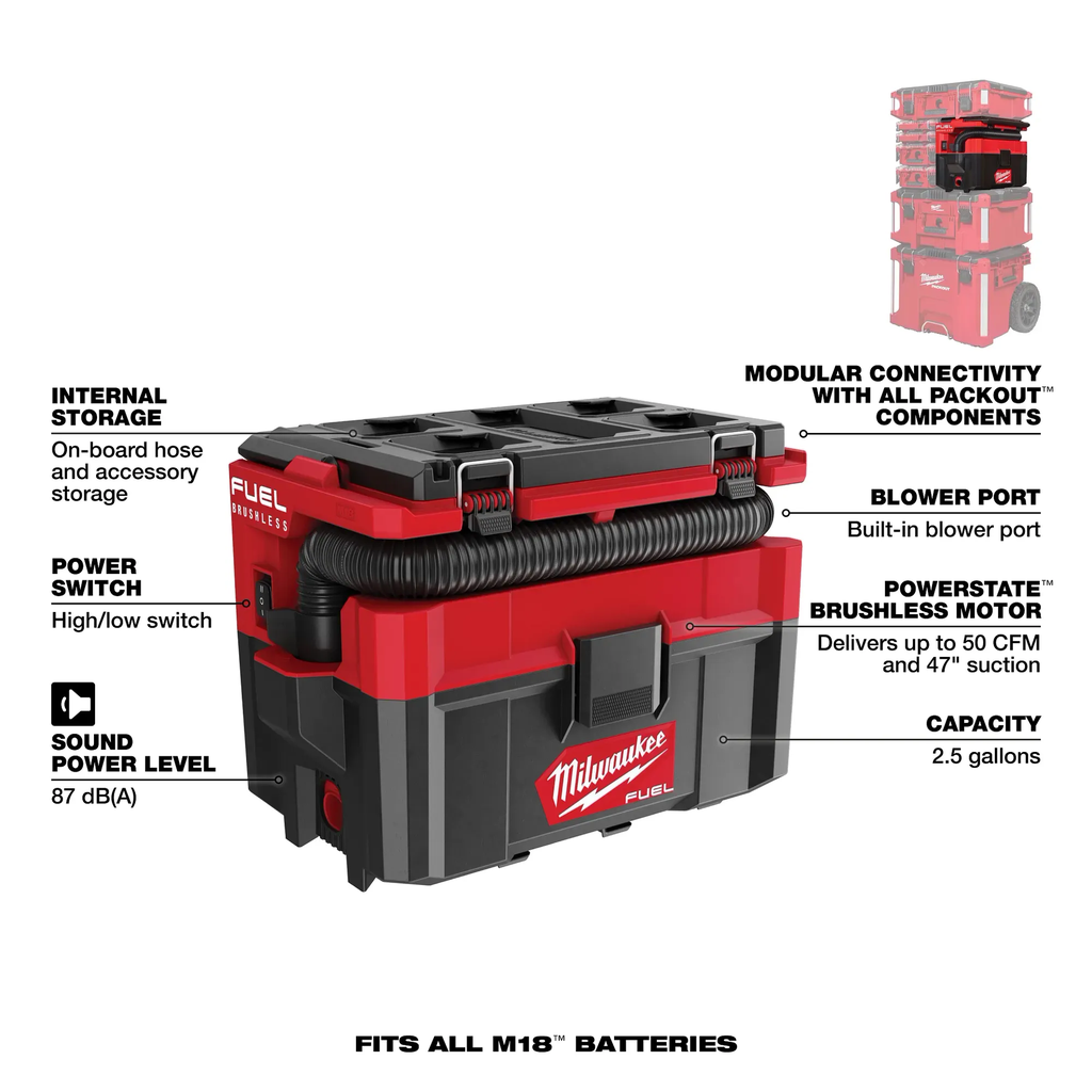 Milwaukee M18 FUEL™ PACKOUT™ 2.5 Gallon Wet/Dry Vacuum