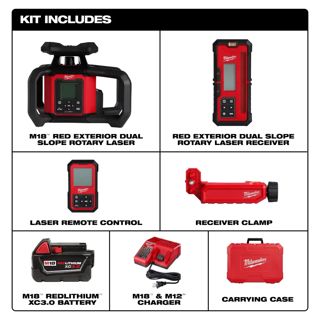 Milwaukee M18™ Red Exterior Dual Slope Rotary Laser Level Kit w/ Receiver & Remote