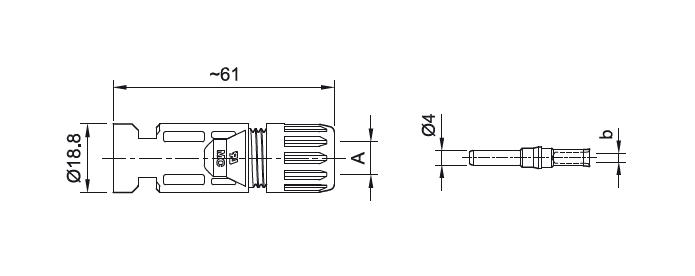 Stäubli 32.0081-UR MC4 Male Cable Coupler PV-KST4/8II-UR, 6.05 – 8.56 mm Ø range of cable gland, 8 AWG with barrel crimp contacts 32.0081-UR