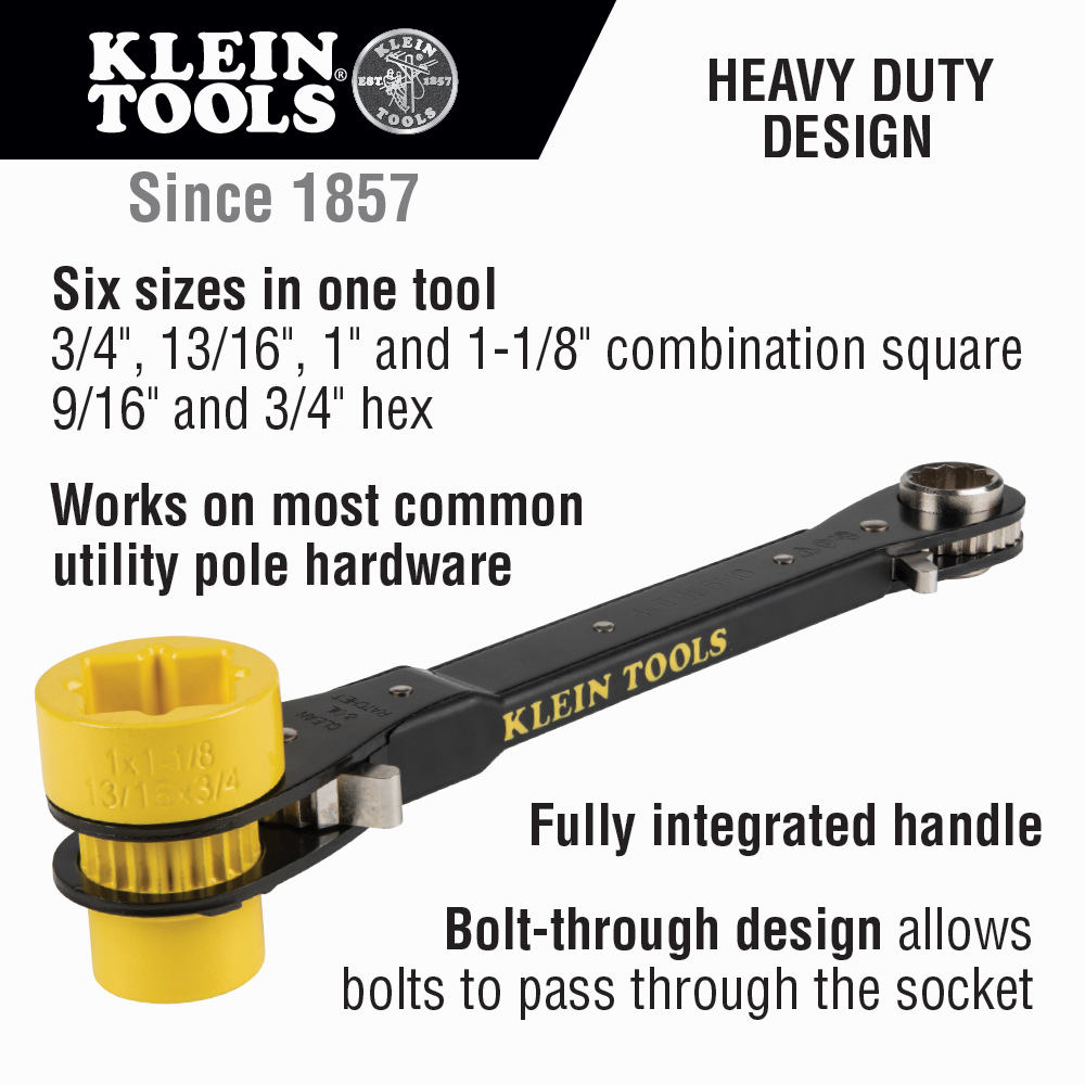 Klein KT155HD 6-in-1 Lineman's Ratcheting Wrench, Heavy-Duty