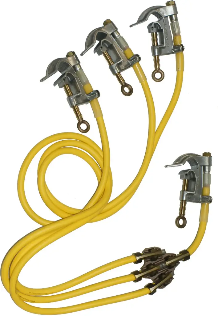 Hastings Custom Three Way Grounding Cluster 4/0 yellow, 20' Legs each w/21575 1.5” Clamp