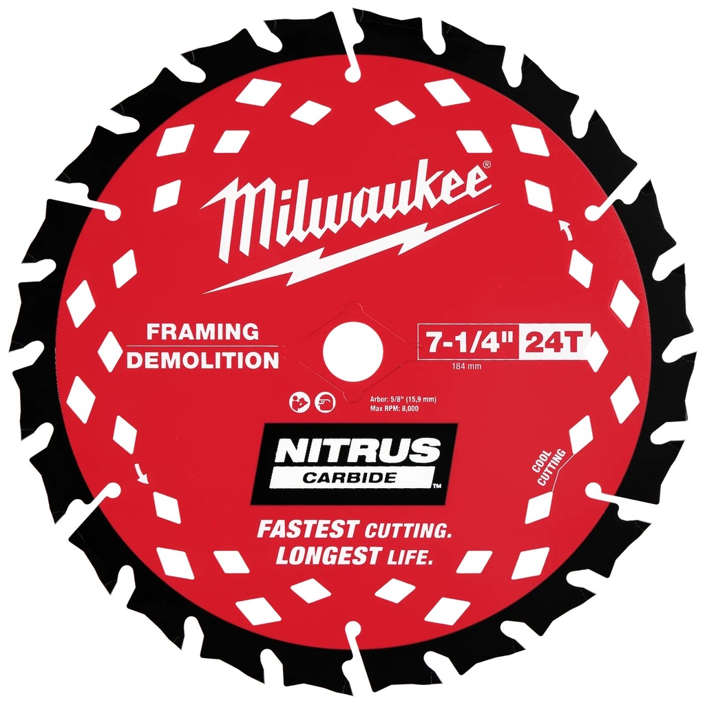 Milwaukee 48-40-0752 7-1/4” 24T NITRUS™ Carbide Framing & Demolition Circular Saw Blade – 2 PK