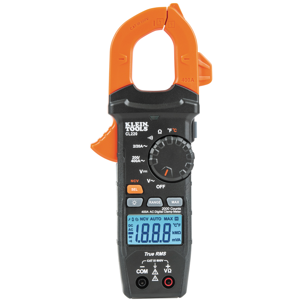Klein Digital Clamp Meter, AC Auto-Ranging 400 Amp with Temp (CL220)