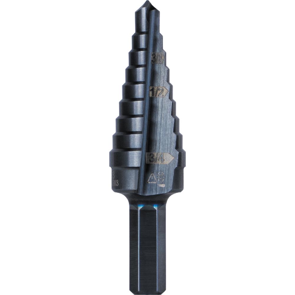 Klein 9-Step Drill Bit, 3/8-Inch Hex, Double Straight Flute, 1/4-Inch to 3/4-Inch (KTSB03)