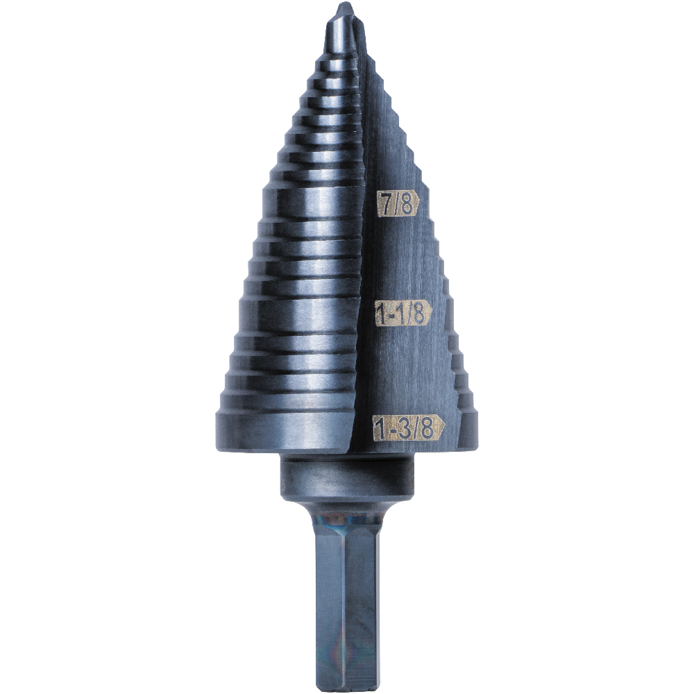 Klein 3-Step Drill Bit, 3/8-Inch Hex, Double Straight Flute, 7/8-Inch to 1-3/8-Inch (KTSB15)