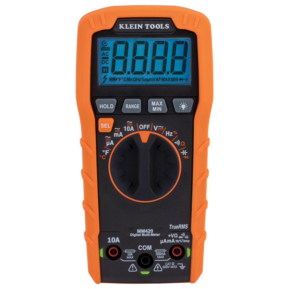 Klein Digital Multimeter, TRMS Auto-Ranging, 600V, Temp (MM420)