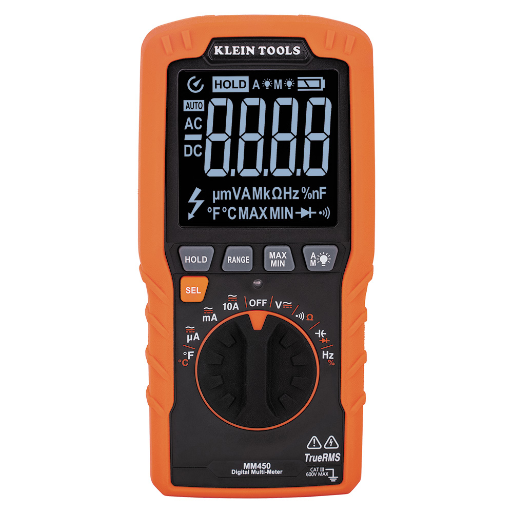 Klein Slim Digital Multimeter, TRMS Auto-Ranging, 600V, Temp (MM450)