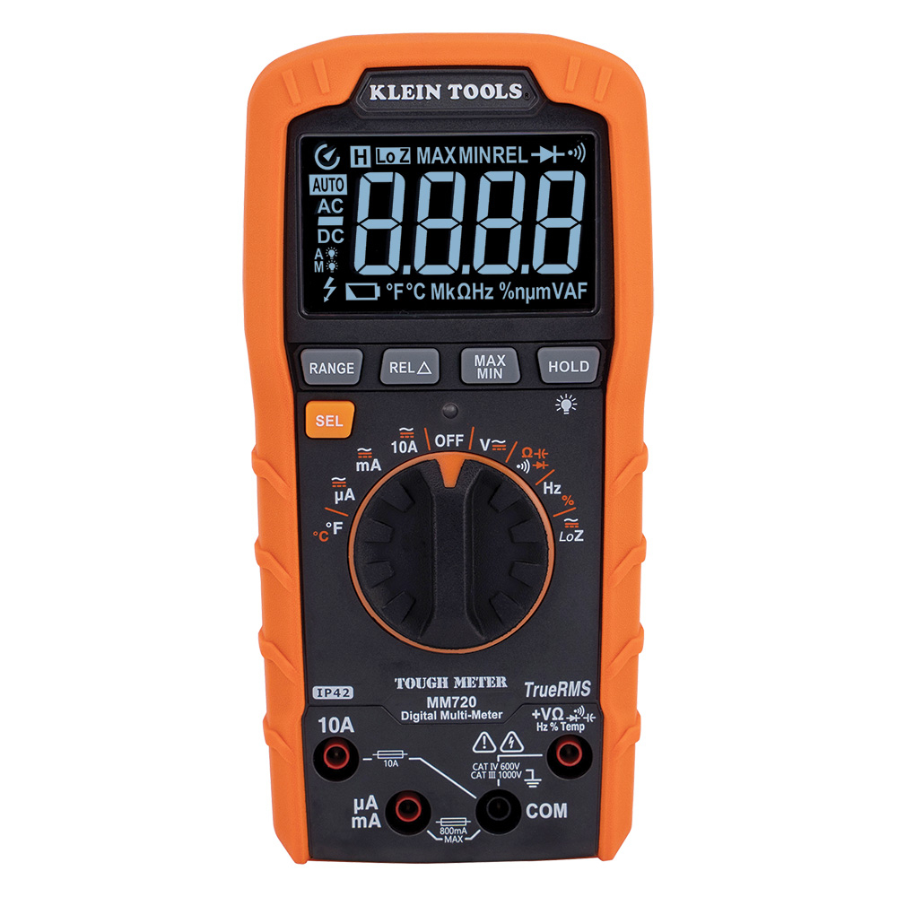 Klein Digital Multimeter, TRMS Auto-Ranging, 1000V, Temp, Low Impedance (MM720)