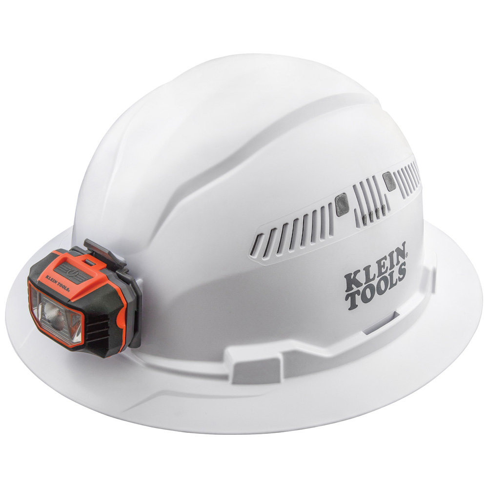 Klein Hard Hat, Vented, Full Brim with Headlamp, White (60407)