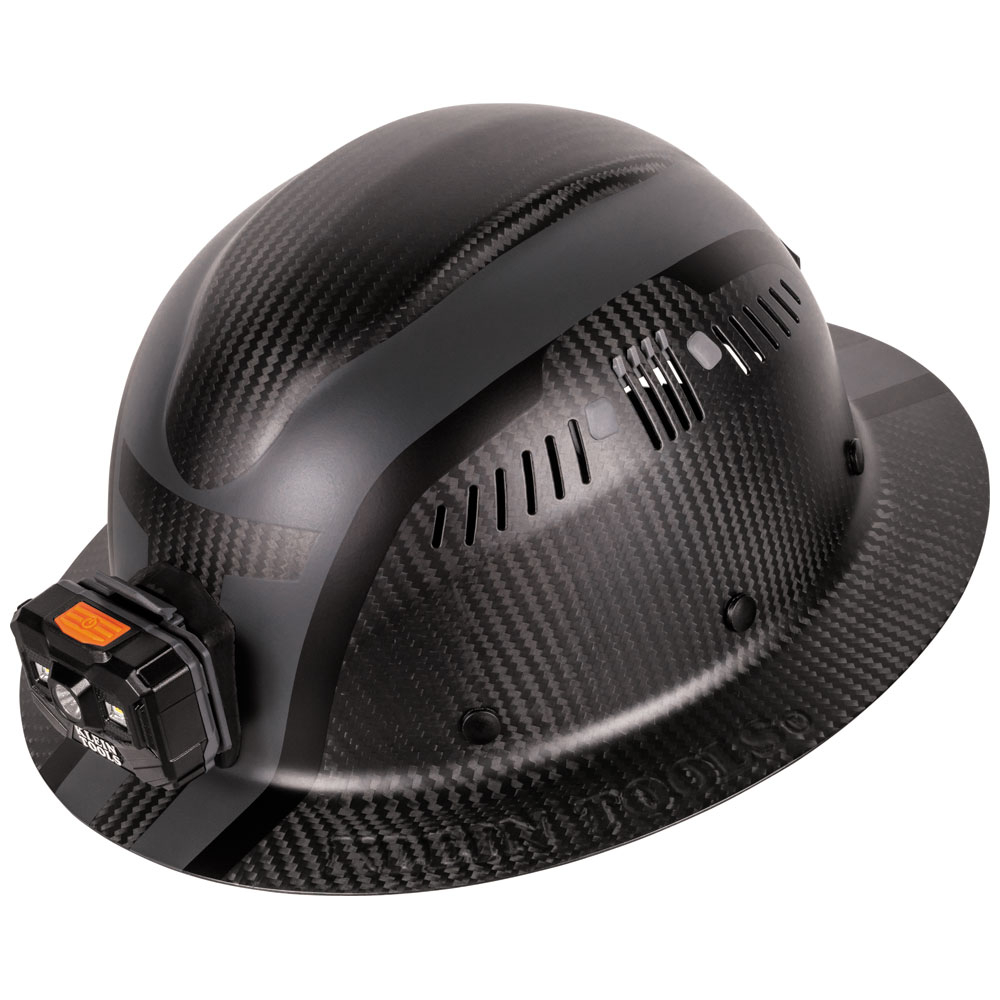 Klein Carbon Fiber Full Brim Hard Hat with Headlamp, Spartan (60514)