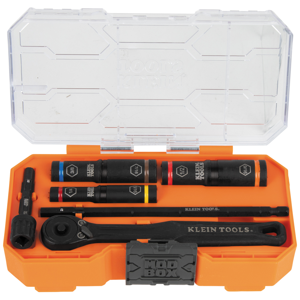 Klein KNECT™ 1/4 and 3/8-Inch Drive Essential Deep-Well Heavy-Duty Flip Socket Set, SAE 7-Piece (65238)