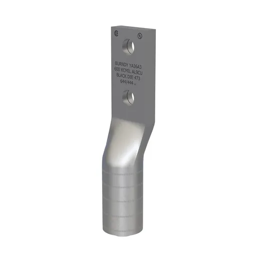 Burndy YA36A3, Al Compression, 600 kcmil, 2-Hole, 1/2" Stud, 1-3/4" Spacing, AL9CU