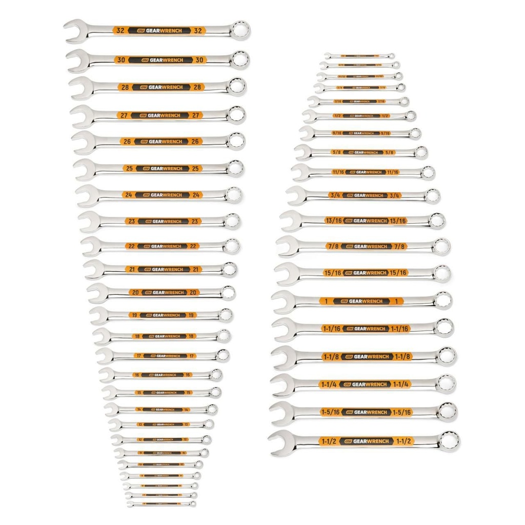 GearWrench 44 Piece 12 Point SAE/Metric Hi-Viz Long Pattern Combination Wrench Set