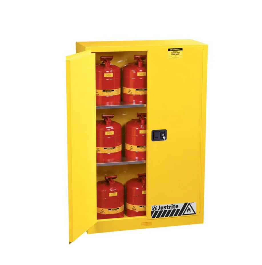 Justrite 45 Gallon, 2 Shelves, Self Close Doors, Outdoor Flammable Storage Cabinet, Yellow - 814520
