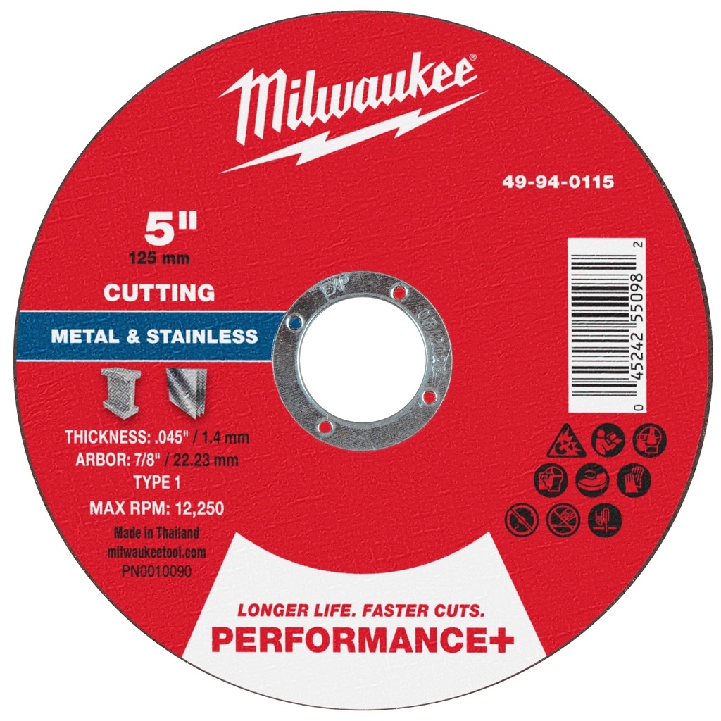 Milwaukee 49-94-0115 5" x .045" x 7/8" Performance+ Metal Cut Off Wheel - Type 1