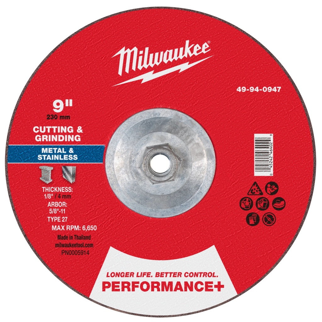 Milwaukee 49-94-0947 9" x 1/8" x 5/8"-11 Performance+ Dual Metal Cut & Grind Wheel - Type 27