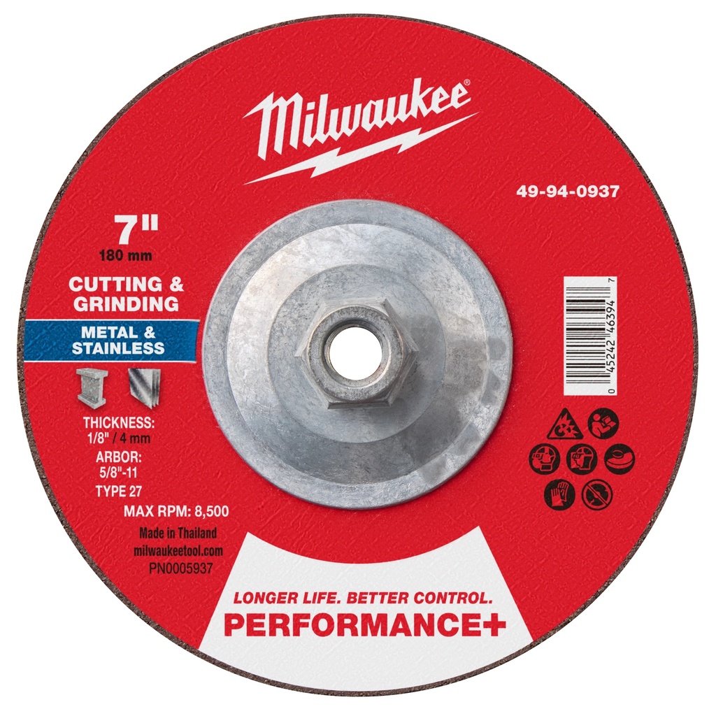 Milwaukee 49-94-0937 7" x 1/8" x 5/8"-11 Performance+ Dual Metal Cut & Grind Wheel - Type 27