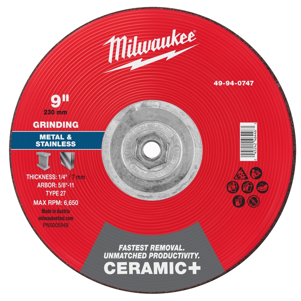 Milwaukee 49-94-0747 9" x 1/4" x 5/8"-11 Ceramic+ Metal Grinding Wheel - Type 27