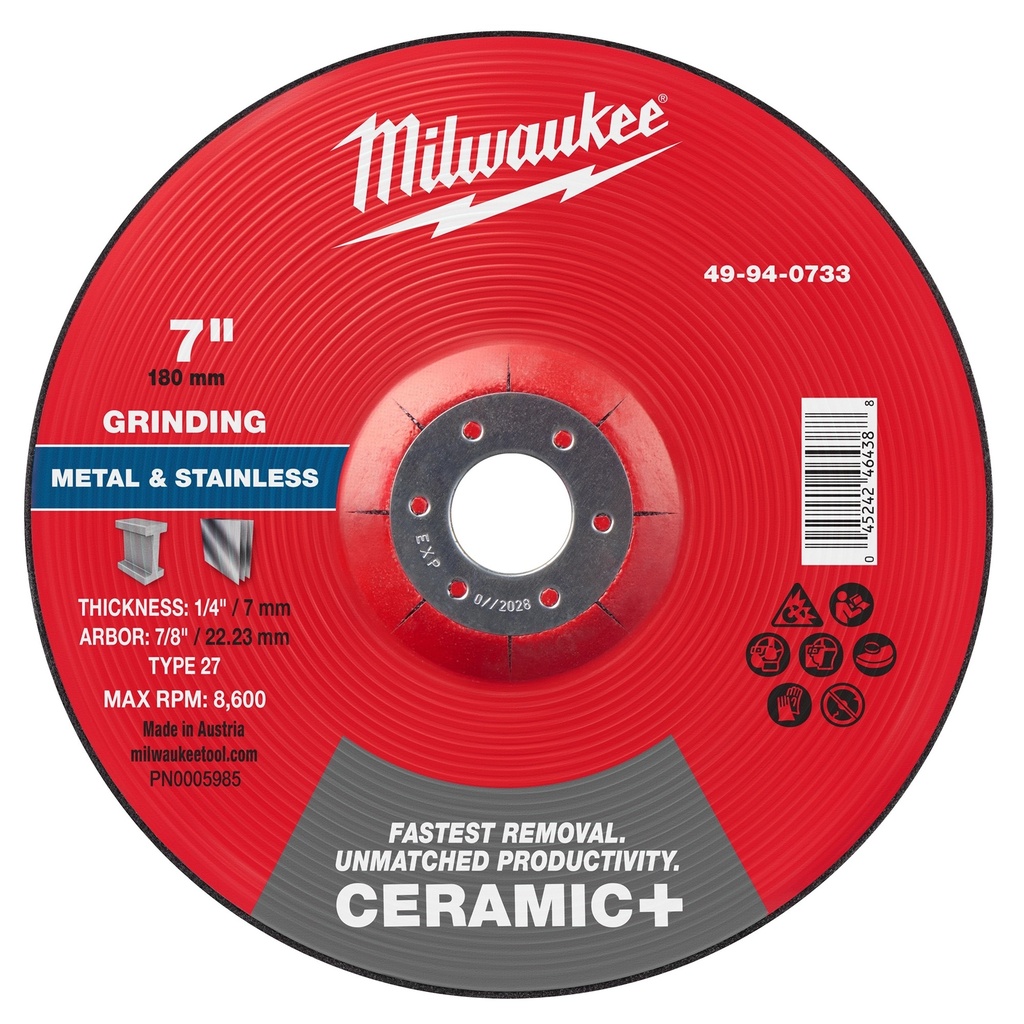 Milwaukee 49-94-0733 7" x 1/4" x 7/8" Ceramic+ Metal Grinding Wheel - Type 27