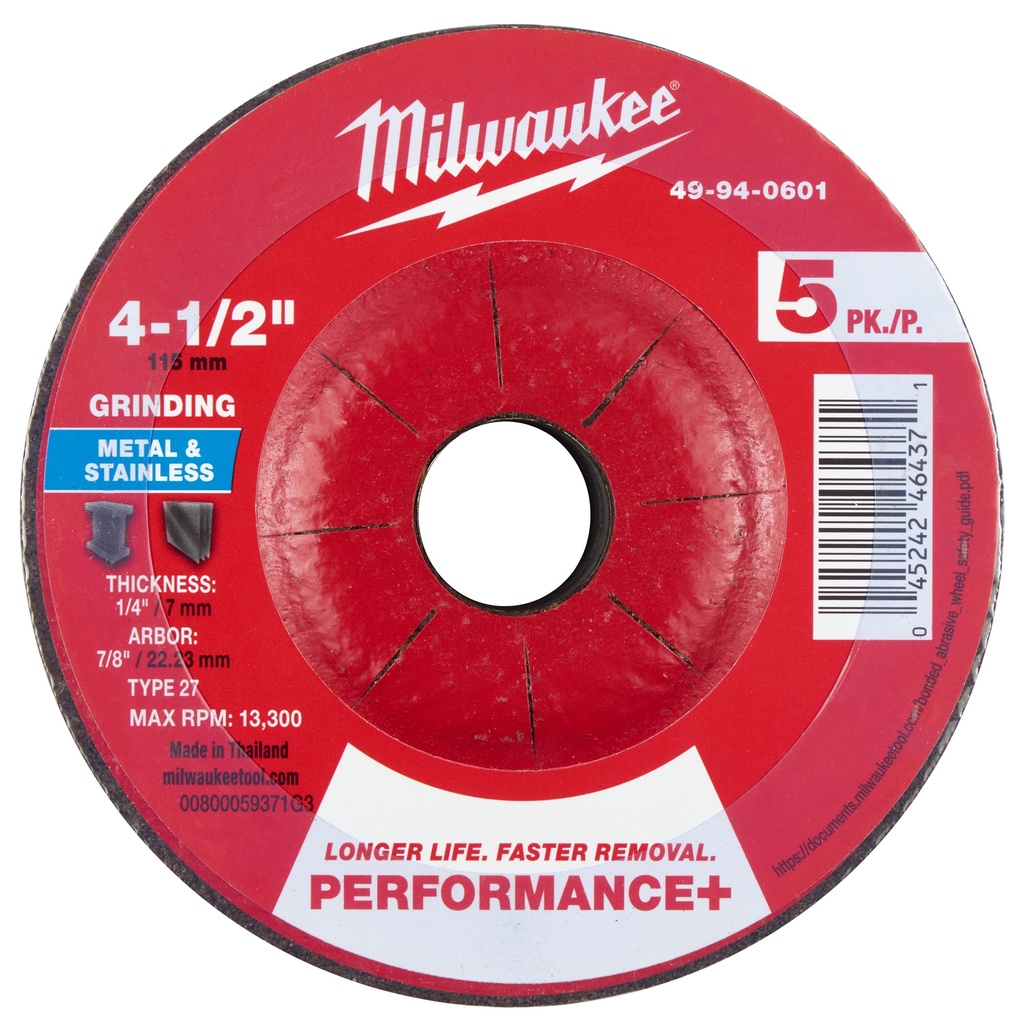 Milwaukee 49-94-0601 4-1/2" x 1/4" x 7/8" Performance+ Metal Grinding Wheel - Type 27 - 5pk