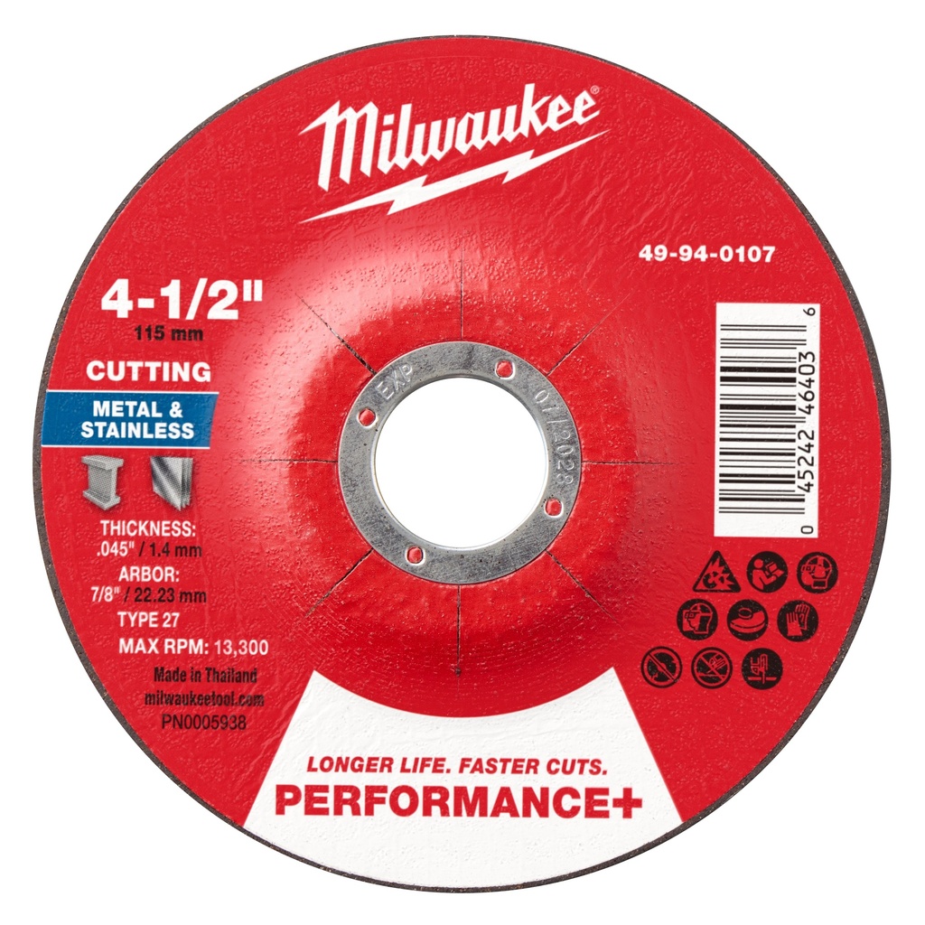 Milwaukee 49-94-0107 4-1/2" x .045" x 7/8" Performance+ Metal Cut Off Wheel - Type 27