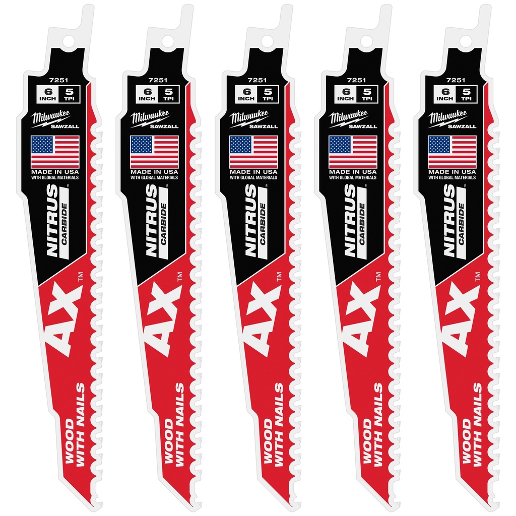 Milwaukee 48-00-7551 6" 5 TPI AX™ w/NITRUS™ Carbide Teeth SAWZALL® Blade for Wood with Nails 5PK