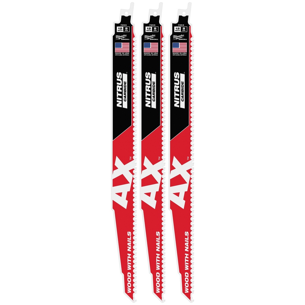 Milwaukee 48-00-7353 12" 5 TPI AX™ w/NITRUS™ Carbide Teeth SAWZALL® Blade for Wood with Nails 3PK