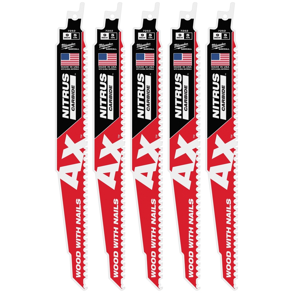 Milwaukee 48-00-7552 9" 5 TPI AX™ w/NITRUS™ Carbide Teeth SAWZALL® Blade for Wood with Nails 5PK