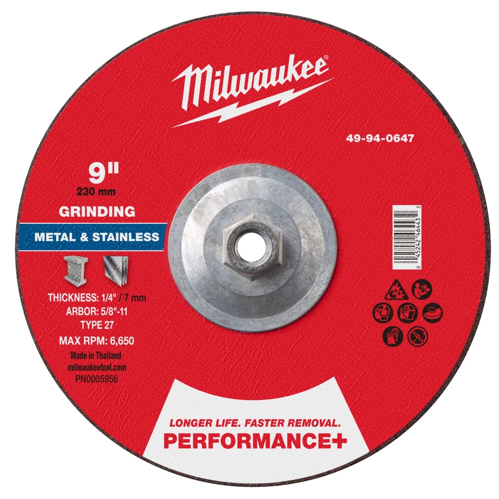 Milwaukee 49-94-0647 9" x 1/4" x 5/8"-11 Performance+ Metal Grinding Wheel - Type 27