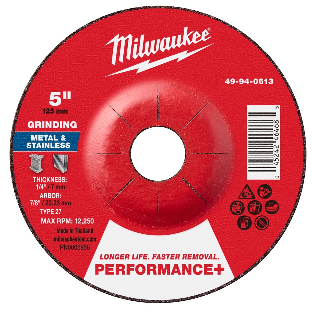 Milwaukee 49-94-0613 5" x 1/4" x 7/8" Performance+ Metal Grinding Wheel - Type 27