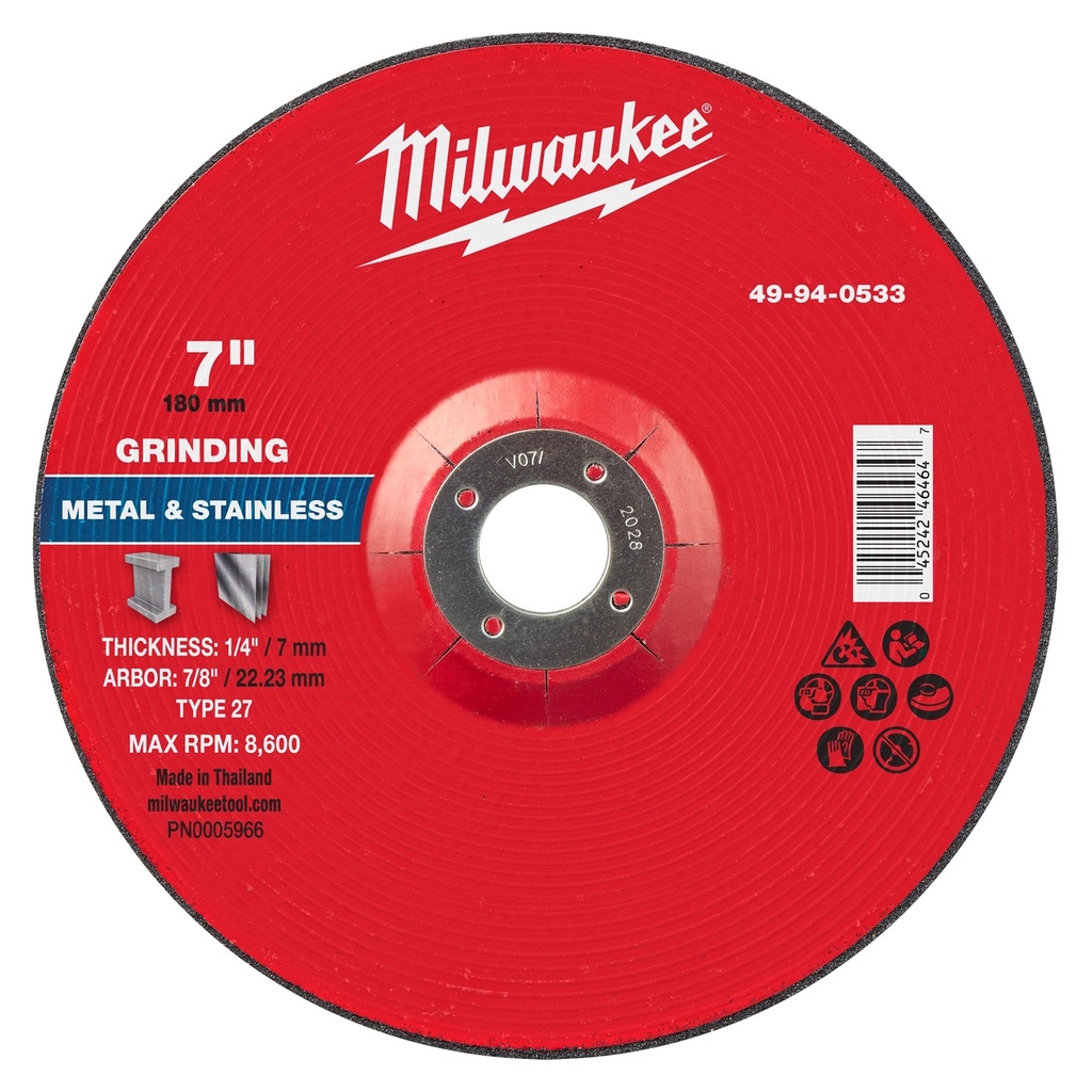 Milwaukee 49-94-0533 7" x 1/4" x 7/8" Metal Grinding Wheel - Type 27