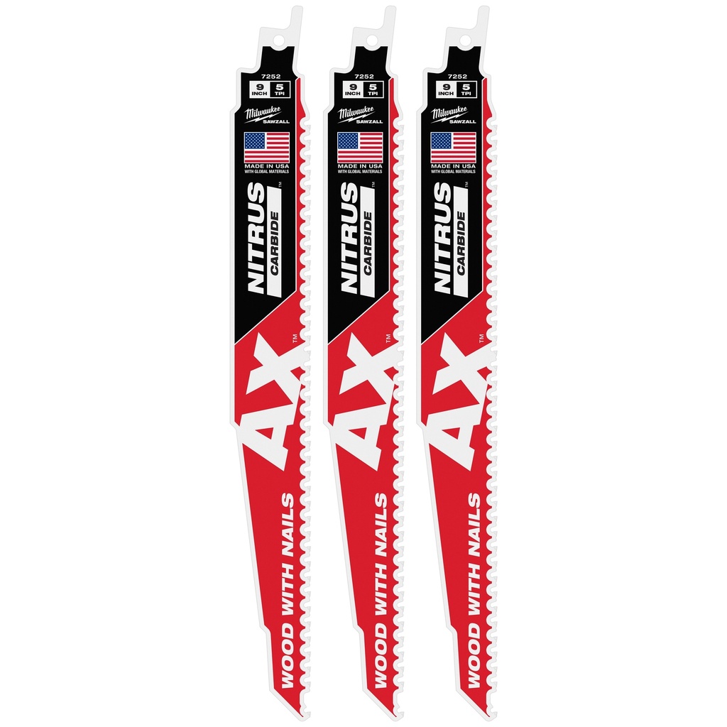 Milwaukee 48-00-7352 9" 5 TPI AX™ w/NITRUS™ Carbide Teeth SAWZALL® Blade for Wood with Nails 3PK