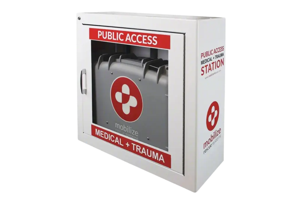 Zoll Alarmed Wall Cabinet for COMPREHENSIVE or MOBILE Trauma Kit, Store One (1) COMPREHENSIVE or MOBILE Trauma Kit, Triangular Sign Included