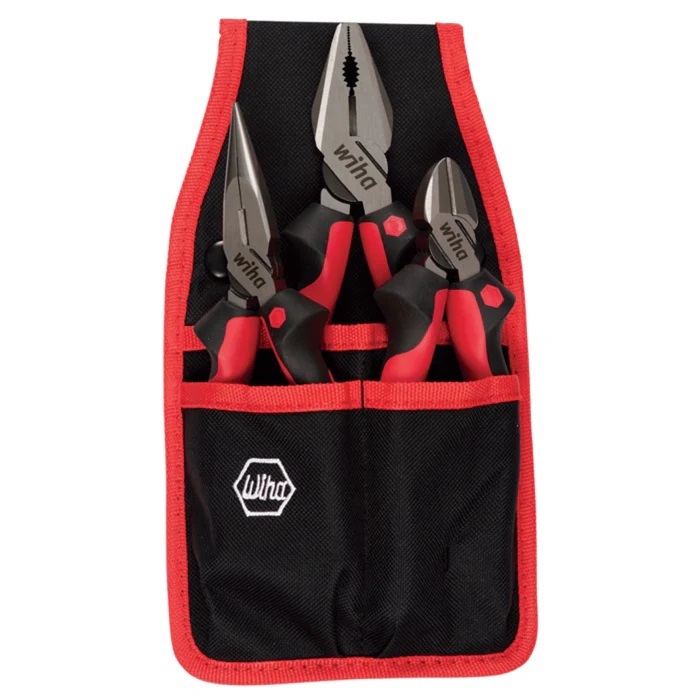 Wiha 30993 3 Piece Industrial SoftGrip Pliers and Cutters Set with Belt Pouch; 6.3" Long Nose, 6.3" Diagonal Cutters, 8" Linesmans
