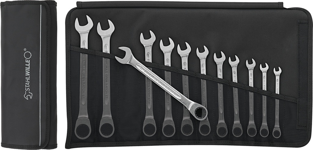 Stahlwille Ratcheting Combination Wrench Set, 8-19mm, 12pcs, Metric, OPEN RATCH 17F/12 (96401712)