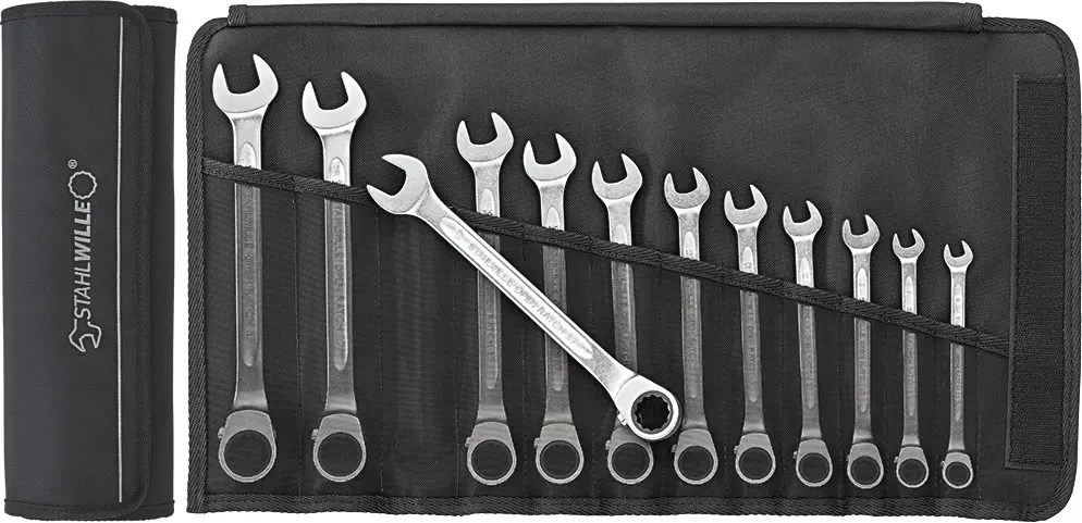 Stahlwille Ratcheting Combination Wrench Set, 8-19mm, 12pcs, Metric, OPEN RATCH 17/12 (96411712)