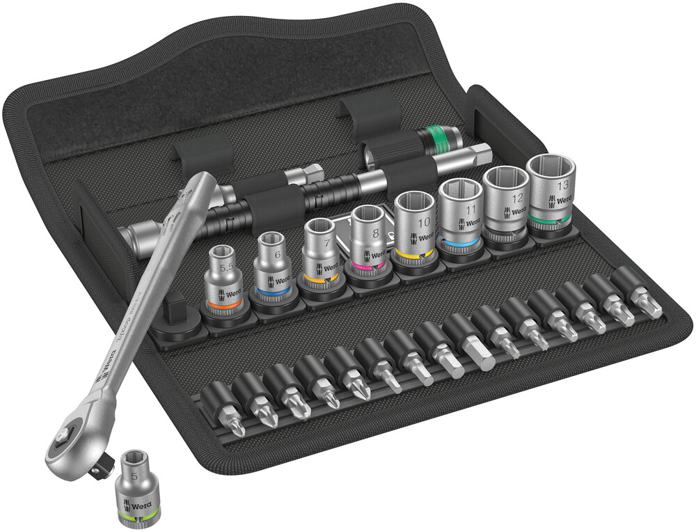 Wera 05004017001 8100 SA 7 Zyklop Metal Ratchet Set With Push-Through Square, 1/4" Dr, Metric, 28 Pc