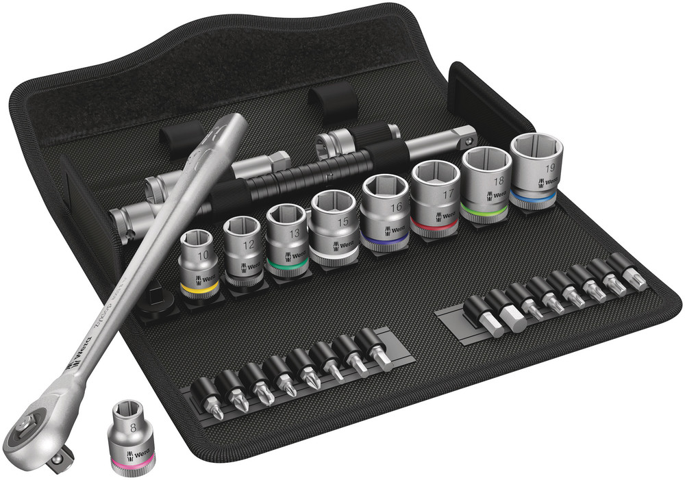 Wera 05004047001 8100 SB 7 Zyklop Metal Ratchet Set With Push-Through Square, 3/8" Dr, Metric, 29 Pc