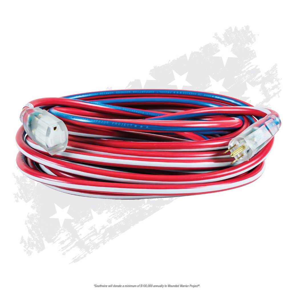 Southwire 50ft 12/3 SJTW Outdoor Extension Cord With Power Light Indicator (Red,Wht,Blue)
