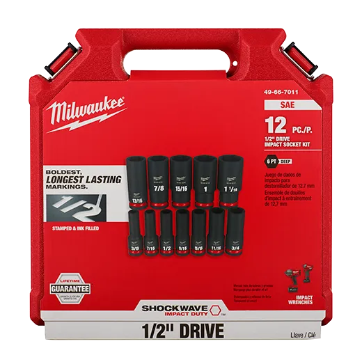 Milwaukee 49-66-7011 12PC SHOCKWAVE™ Impact Duty 1/2" Drive SAE Deep 6 Point Socket Set