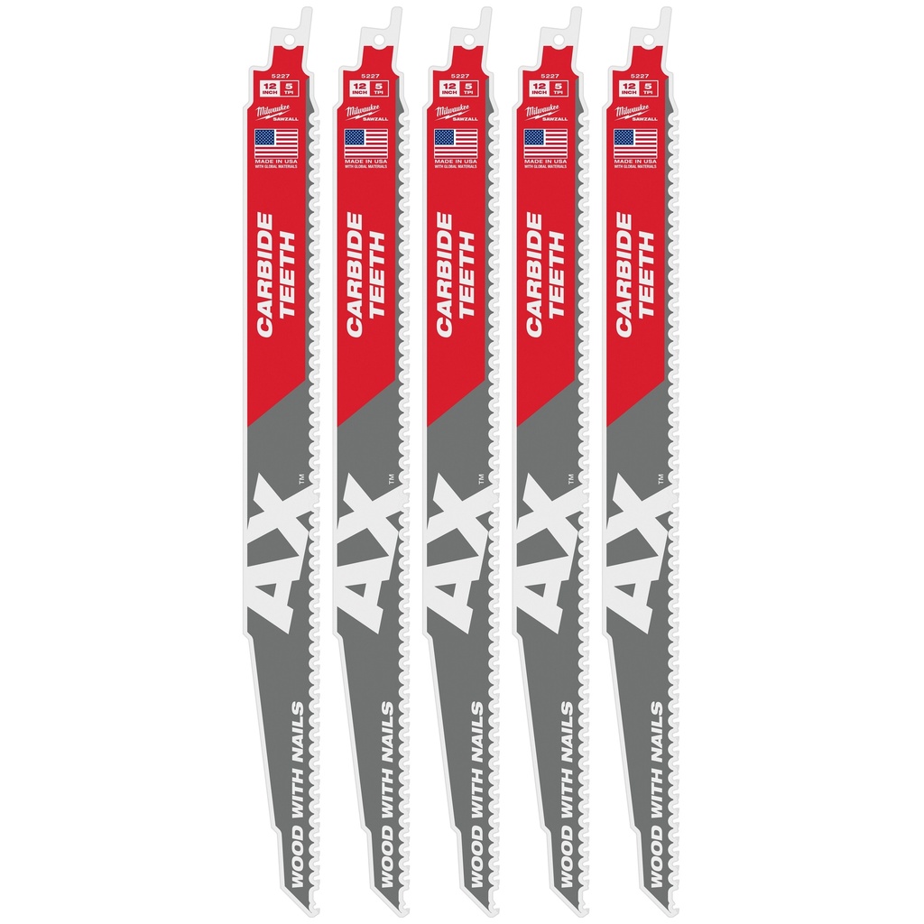 Milwaukee 48-00-5527 12" 5 TPI AX™ with Carbide Teeth SAWZALL® Blade for Wood with Nails (5 PK)