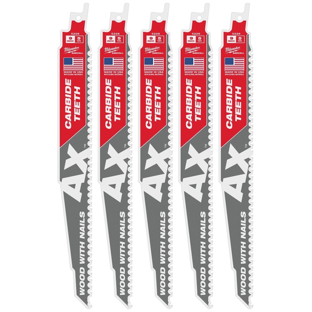 Milwaukee 48-00-5526 9" 5 TPI AX™ with Carbide Teeth SAWZALL® Blade for Wood with Nails (5 PK)