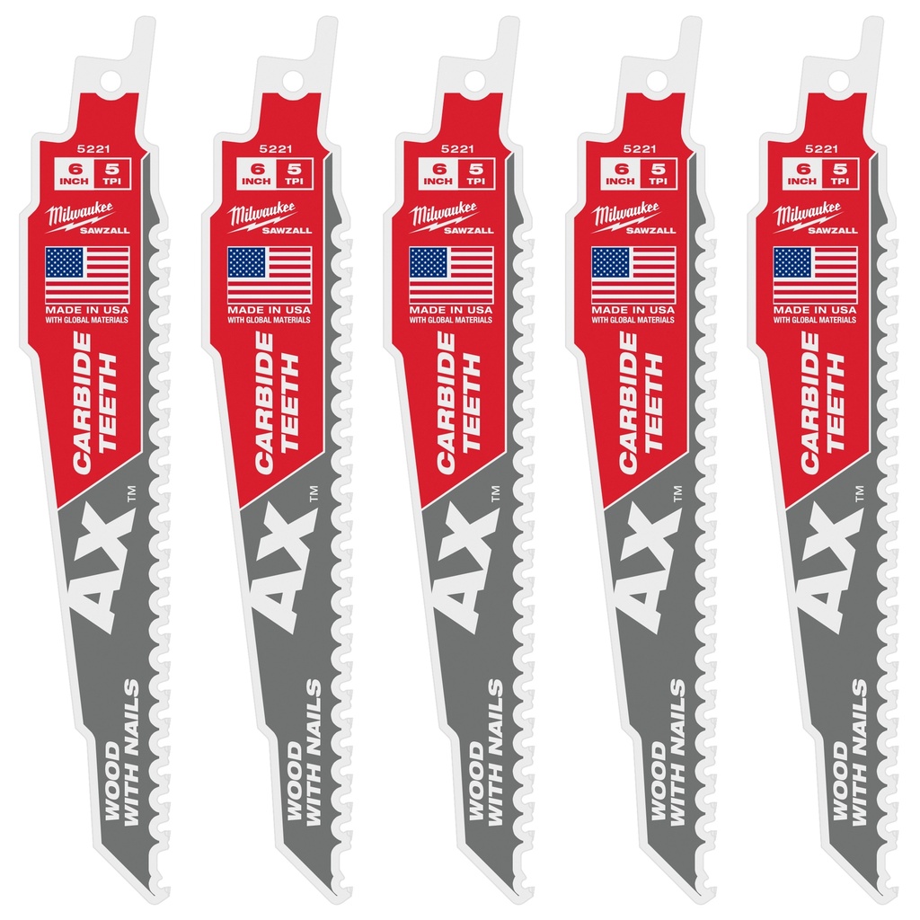 Milwaukee 48-00-5521 6" 5 TPI AX™ with Carbide Teeth SAWZALL® Blade for Wood with Nails (5 PK)