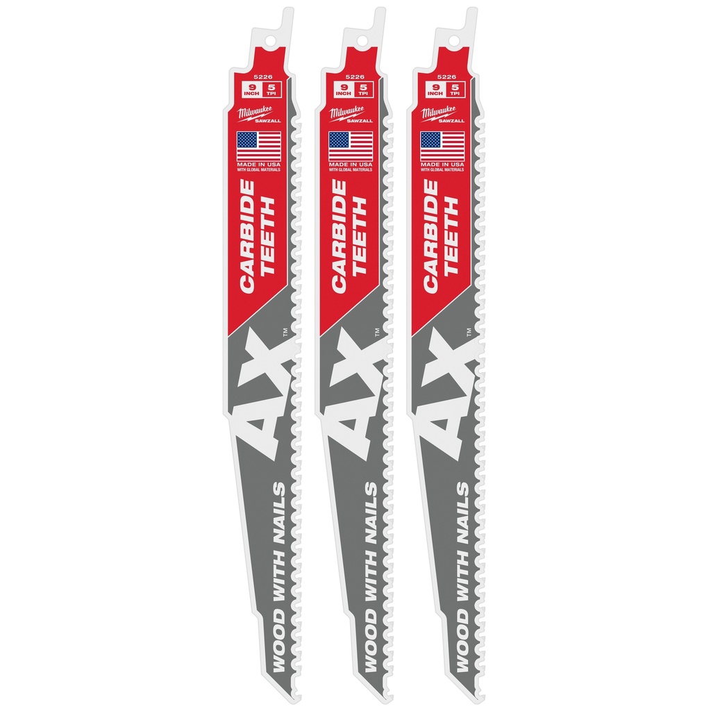 Milwaukee 48-00-5326 9" 5 TPI AX™ with Carbide Teeth SAWZALL® Blade for Wood with Nails (3 PK)