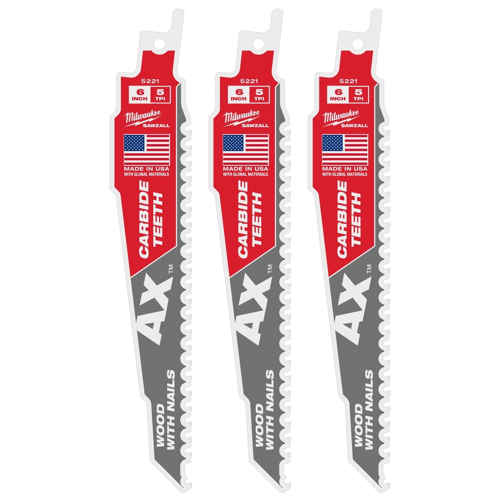 Milwaukee 48-00-5321 6" 5 TPI AX™ with Carbide Teeth SAWZALL® Blade for Wood with Nails (3 PK)