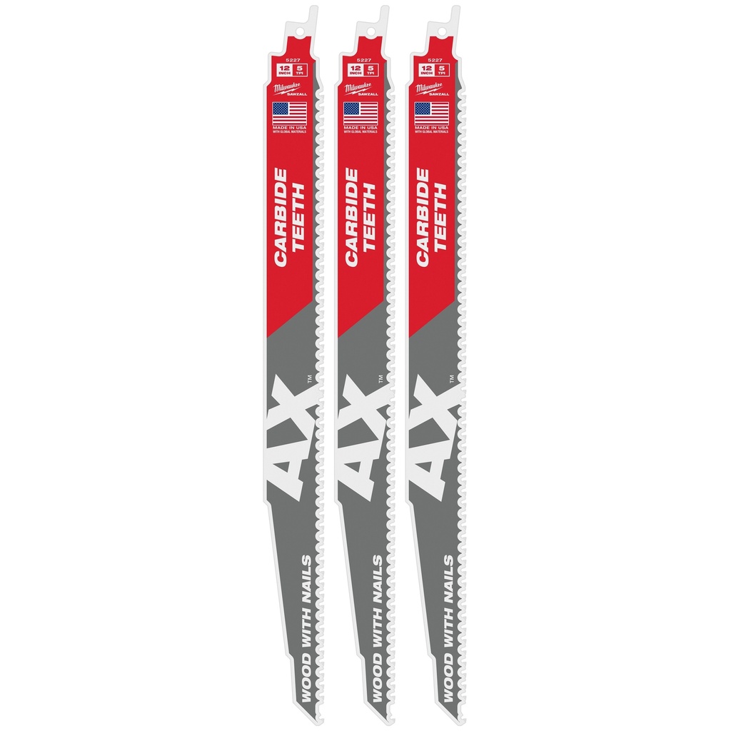 Milwaukee 48-00-5227 12" 5 TPI AX™ with Carbide Teeth SAWZALL® Blade for Wood with Nails (1 PK)
